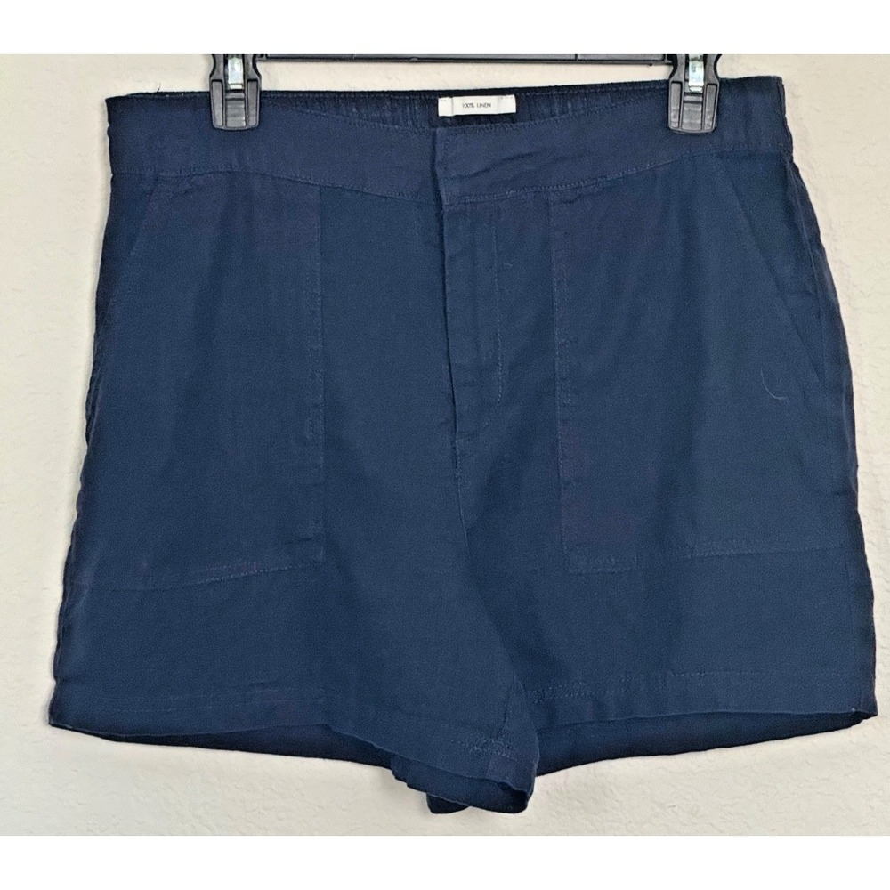 Nicole Miller New York 100% Linen Shorts Size Medium Navy Blue Coastal Casual